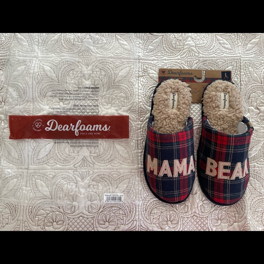 Dearfoams Slippers Mama Bear Navy Plaid Size Large (9-10) NWT